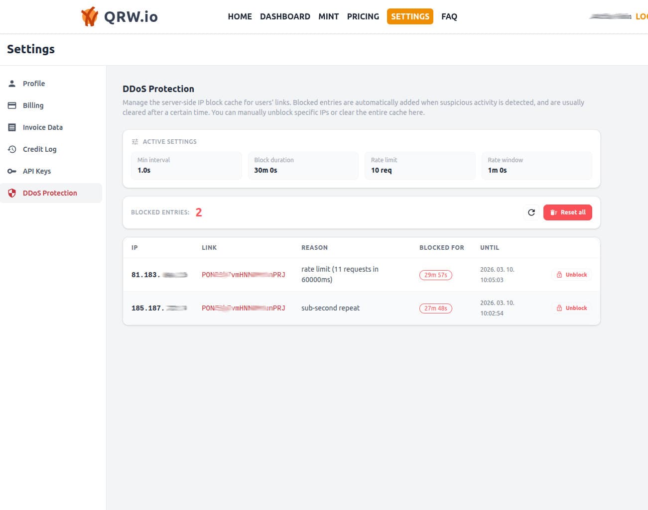 Built-in DDoS protection — manage blocked IPs